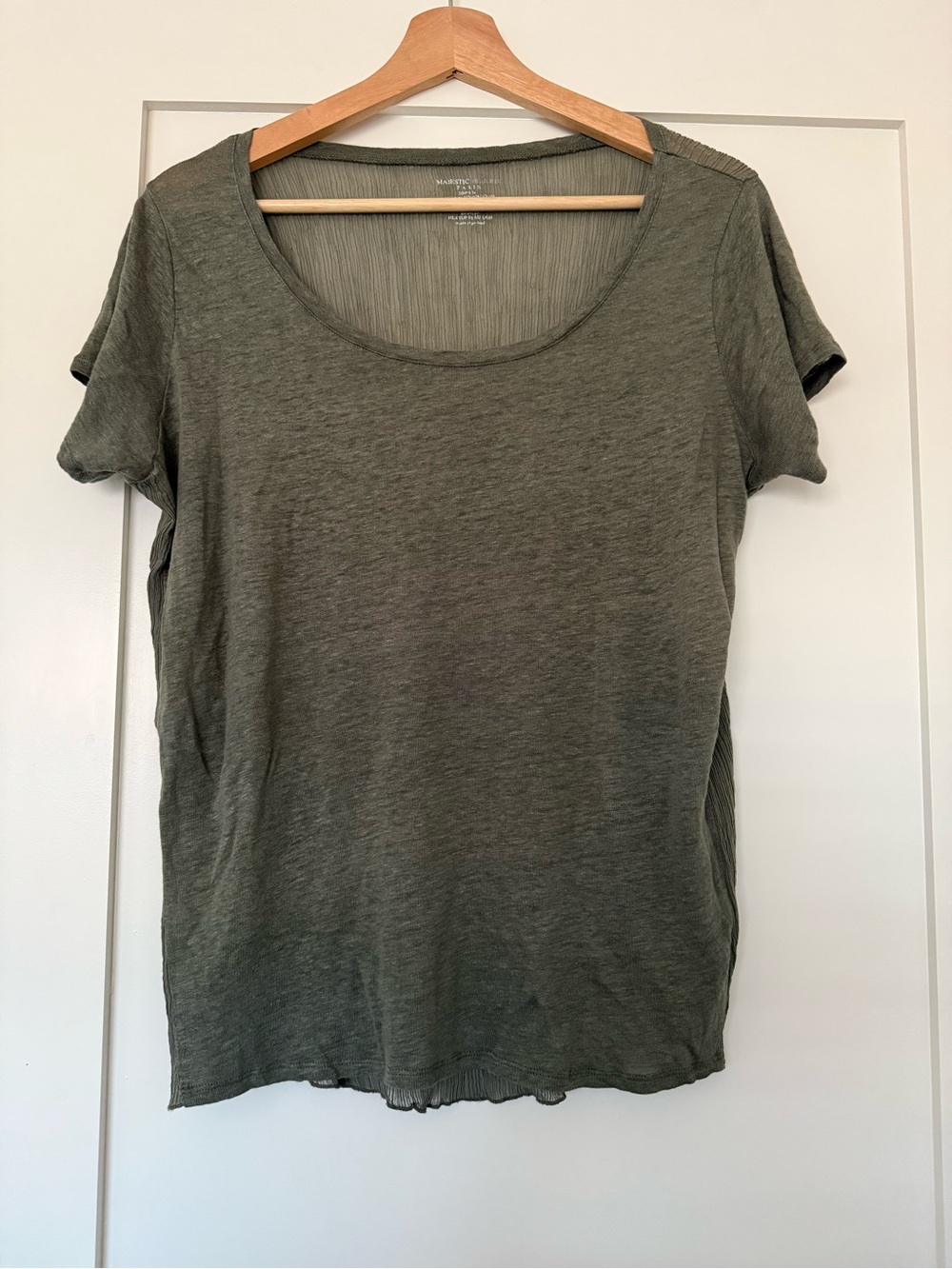 Majestic Filatures Linen & Silk Blend Pleated Back T-Shirt Sage Green size 3 M/L